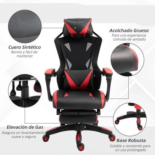 Silla Gaming Ergonómica Silla de Escritorio para Oficina con Altura Ajustable Respaldo Regulable de 170° Almohada Lumbar y Reposapiés Retráctil 65x70x117-125 cm Rojo [5]