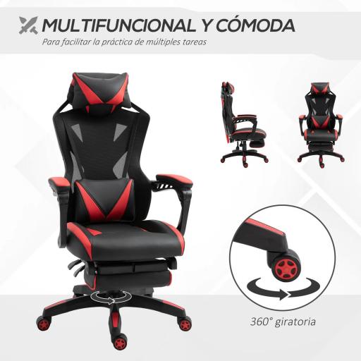 Silla Gaming Ergonómica Silla de Escritorio para Oficina con Altura Ajustable Respaldo Regulable de 170° Almohada Lumbar y Reposapiés Retráctil 65x70x117-125 cm Rojo [1]