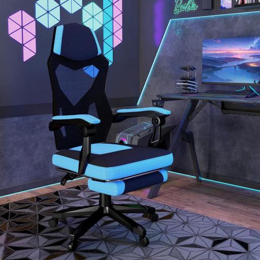 Silla Gaming con Reposapiés Altura Regulable y Respaldo Reclinable 135° 58x63x112-122 cm Azul y Negro