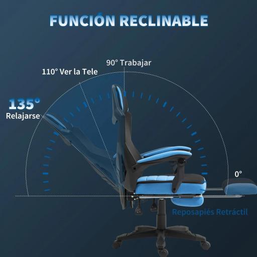 Silla Gaming con Reposapiés Altura Regulable y Respaldo Reclinable 135° 58x63x112-122 cm Azul y Negro [4]