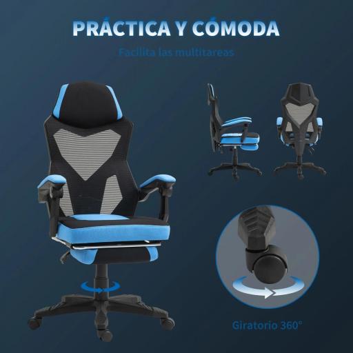 Silla Gaming con Reposapiés Altura Regulable y Respaldo Reclinable 135° 58x63x112-122 cm Azul y Negro [1]
