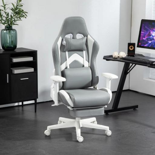 Silla Gamer Reclinable con Altura Ajustable Reposapiés Retráctil Soporte Lumbar y Reposacabezas Gris Claro y Blanco