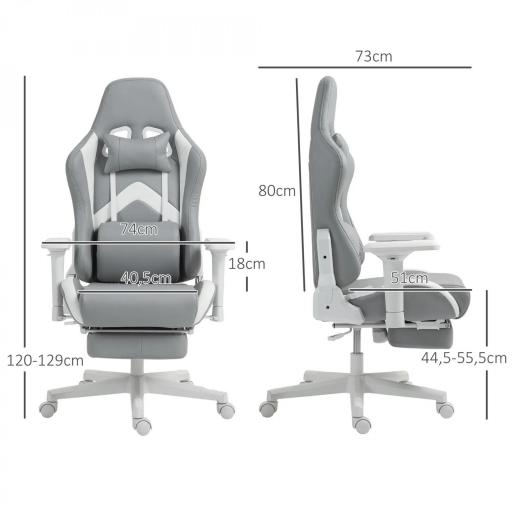 Silla Gamer Reclinable con Altura Ajustable Reposapiés Retráctil Soporte Lumbar y Reposacabezas Gris Claro y Blanco [1]