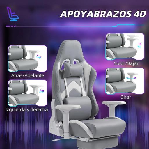 Silla Gamer Reclinable con Altura Ajustable Reposapiés Retráctil Soporte Lumbar y Reposacabezas Gris Claro y Blanco [6]