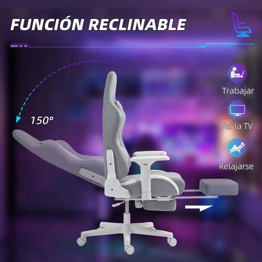 Silla Gamer Reclinable con Altura Ajustable Reposapiés Retráctil Soporte Lumbar y Reposacabezas Gris Claro y Blanco [2]