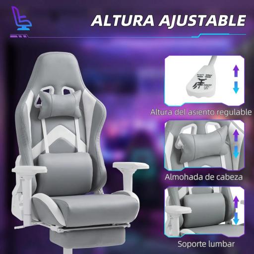 Silla Gamer Reclinable con Altura Ajustable Reposapiés Retráctil Soporte Lumbar y Reposacabezas Gris Claro y Blanco [3]