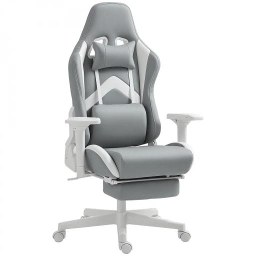 Silla Gamer Reclinable con Altura Ajustable Reposapiés Retráctil Soporte Lumbar y Reposacabezas Gris Claro y Blanco [9]
