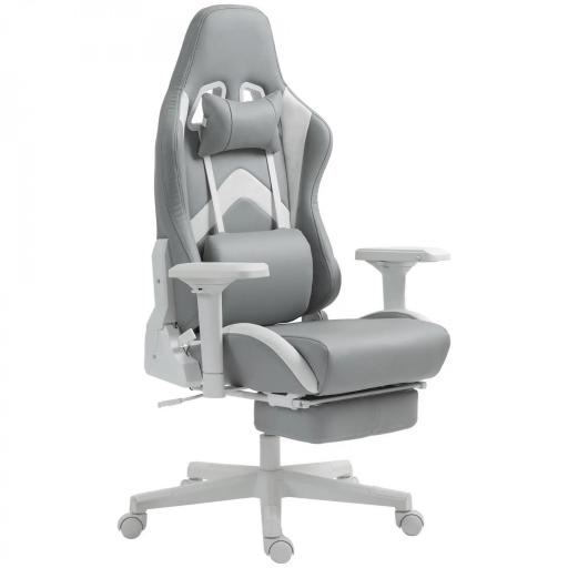 Silla Gamer Reclinable con Altura Ajustable Reposapiés Retráctil Soporte Lumbar y Reposacabezas Gris Claro y Blanco [8]