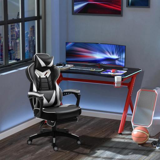 Silla Gaming Ergonómica Silla de Escritorio de Oficina Regulable en Altura Reclinable Respaldo con Reposapiés Reposacabezas Cojín Lumbar Ruedas 65x70x118,5-128,5 cm Blanco