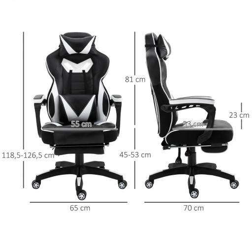 Silla Gaming Ergonómica Silla de Escritorio de Oficina Regulable en Altura Reclinable Respaldo con Reposapiés Reposacabezas Cojín Lumbar Ruedas 65x70x118,5-128,5 cm Blanco [2]