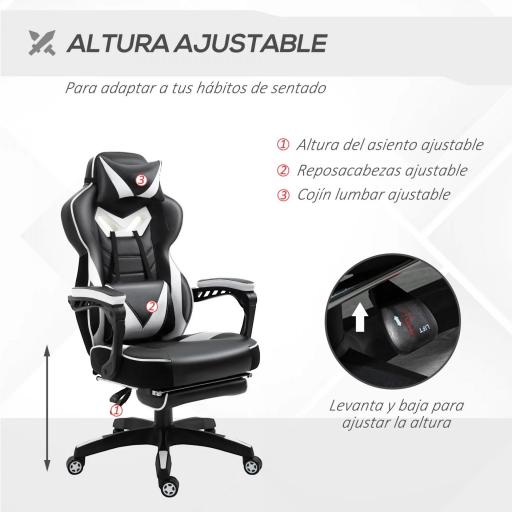 Silla Gaming Ergonómica Silla de Escritorio de Oficina Regulable en Altura Reclinable Respaldo con Reposapiés Reposacabezas Cojín Lumbar Ruedas 65x70x118,5-128,5 cm Blanco [3]