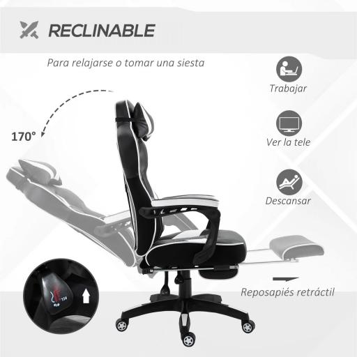 Silla Gaming Ergonómica Silla de Escritorio de Oficina Regulable en Altura Reclinable Respaldo con Reposapiés Reposacabezas Cojín Lumbar Ruedas 65x70x118,5-128,5 cm Blanco [4]