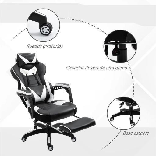 Silla Gaming Ergonómica Silla de Escritorio de Oficina Regulable en Altura Reclinable Respaldo con Reposapiés Reposacabezas Cojín Lumbar Ruedas 65x70x118,5-128,5 cm Blanco [1]