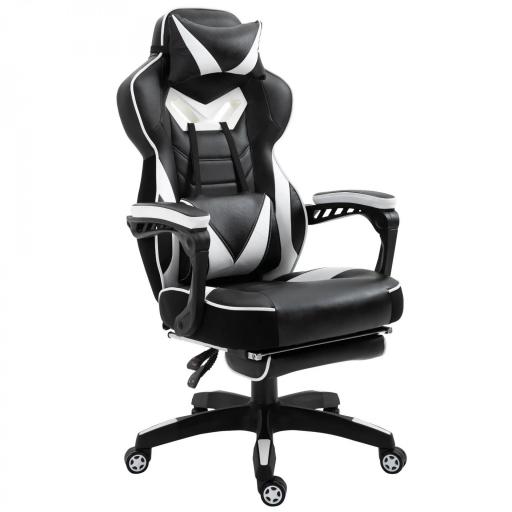 Silla Gaming Ergonómica Silla de Escritorio de Oficina Regulable en Altura Reclinable Respaldo con Reposapiés Reposacabezas Cojín Lumbar Ruedas 65x70x118,5-128,5 cm Blanco [9]