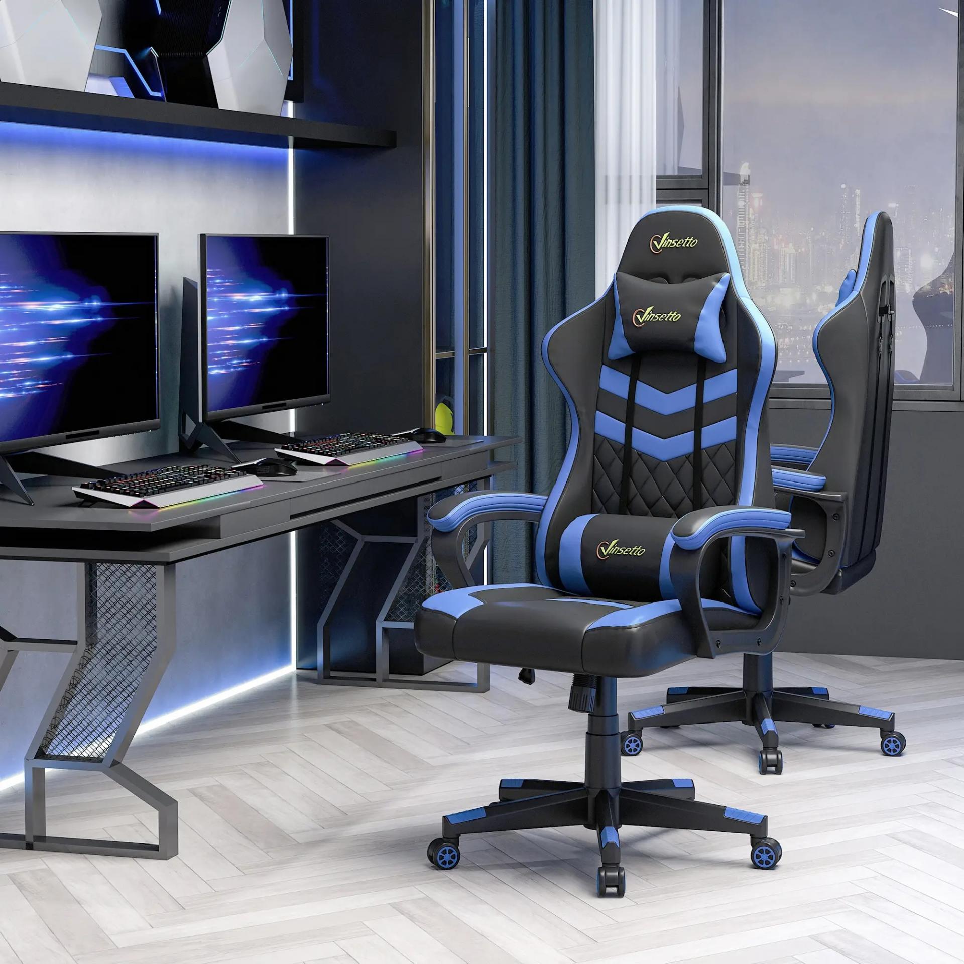 Silla Gaming Altura Regulable Basculante con Reposacabezas Cojín Lumbar 61x70x121-129 cm Azul