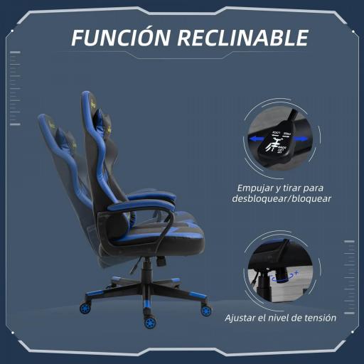 Silla Gaming Altura Regulable Basculante con Reposacabezas Cojín Lumbar 61x70x121-129 cm Azul [3]