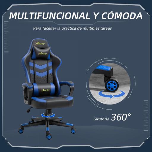 Silla Gaming Altura Regulable Basculante con Reposacabezas Cojín Lumbar 61x70x121-129 cm Azul [4]