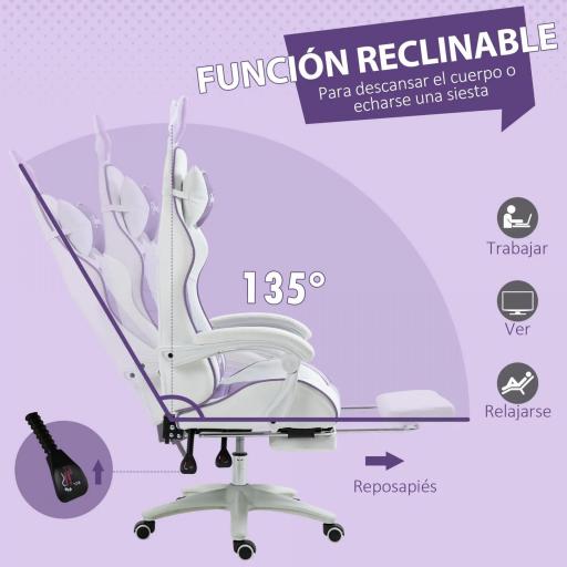 Silla Gaming de Cuero Sintético Reclinable 135° Reposacabezas Soporte Lumbar y Reposapiés 65x63x136-142 cm Púrpura [5]