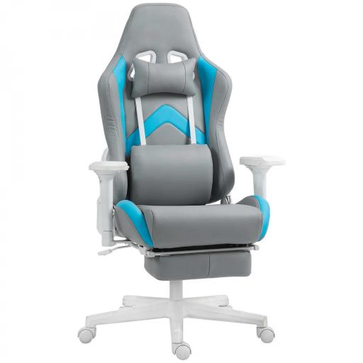 Silla Gamer Reclinable con Altura Ajustable Reposapiés Retráctil Soporte Lumbar y Reposacabezas Gris Claro y Azul [8]