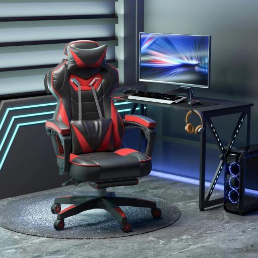 Silla Gaming Ergonómica Silla de Escritorio de Oficina Regulable en Altura Reclinable Respaldo 65x70x118,5-128,5cm Rojo