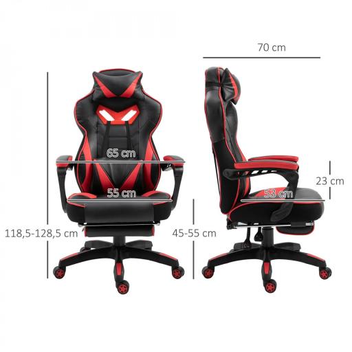 Silla Gaming Ergonómica Silla de Escritorio de Oficina Regulable en Altura Reclinable Respaldo 65x70x118,5-128,5cm Rojo [4]