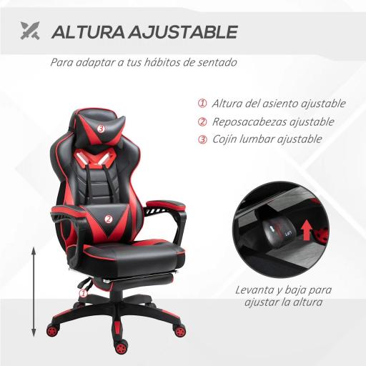 Silla Gaming Ergonómica Silla de Escritorio de Oficina Regulable en Altura Reclinable Respaldo 65x70x118,5-128,5cm Rojo [2]
