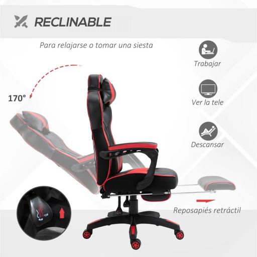Silla Gaming Ergonómica Silla de Escritorio de Oficina Regulable en Altura Reclinable Respaldo 65x70x118,5-128,5cm Rojo [1]