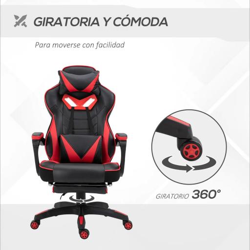 Silla Gaming Ergonómica Silla de Escritorio de Oficina Regulable en Altura Reclinable Respaldo 65x70x118,5-128,5cm Rojo [5]
