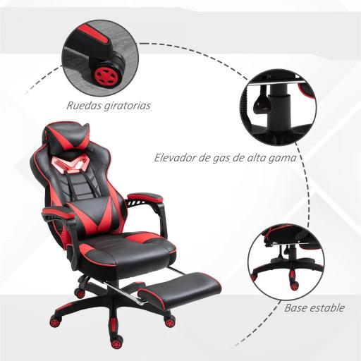 Silla Gaming Ergonómica Silla de Escritorio de Oficina Regulable en Altura Reclinable Respaldo 65x70x118,5-128,5cm Rojo [3]