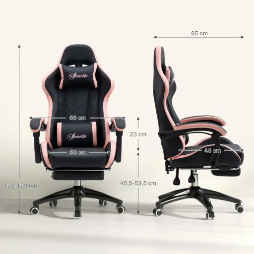 Silla Gaming Silla Gamer de Cuero PU Reclinable 135° Reposacabezas y Reposapiés 65x65x121-129 cm Negro y Rosa [1]