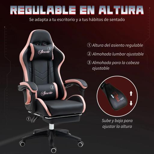 Silla Gaming Silla Gamer de Cuero PU Reclinable 135° Reposacabezas y Reposapiés 65x65x121-129 cm Negro y Rosa [3]