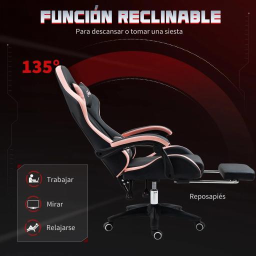Silla Gaming Silla Gamer de Cuero PU Reclinable 135° Reposacabezas y Reposapiés 65x65x121-129 cm Negro y Rosa [4]