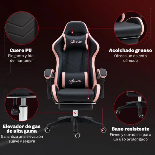 Silla Gaming Silla Gamer de Cuero PU Reclinable 135° Reposacabezas y Reposapiés 65x65x121-129 cm Negro y Rosa [5]