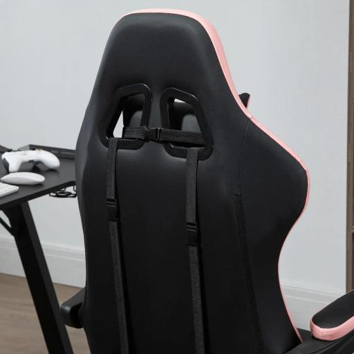 Silla Gaming Silla Gamer de Cuero PU Reclinable 135° Reposacabezas y Reposapiés 65x65x121-129 cm Negro y Rosa [6]