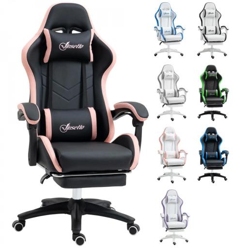 Silla Gaming Silla Gamer de Cuero PU Reclinable 135° Reposacabezas y Reposapiés 65x65x121-129 cm Negro y Rosa [8]