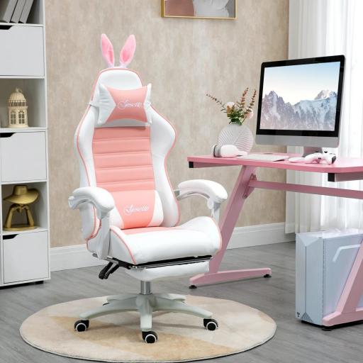 Silla Gaming Profesional de Cuero PU con Altura Ajustable Inclinable 135° Reposacabezas 65x63x136-142 cm Rosa y Blanco