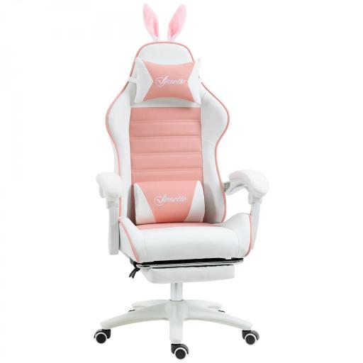 Silla Gaming Profesional de Cuero PU con Altura Ajustable Inclinable 135° Reposacabezas 65x63x136-142 cm Rosa y Blanco [8]