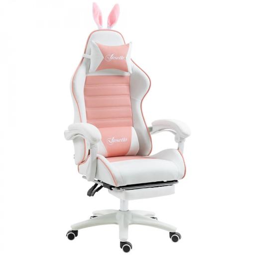 Silla Gaming Profesional de Cuero PU con Altura Ajustable Inclinable 135° Reposacabezas 65x63x136-142 cm Rosa y Blanco [9]