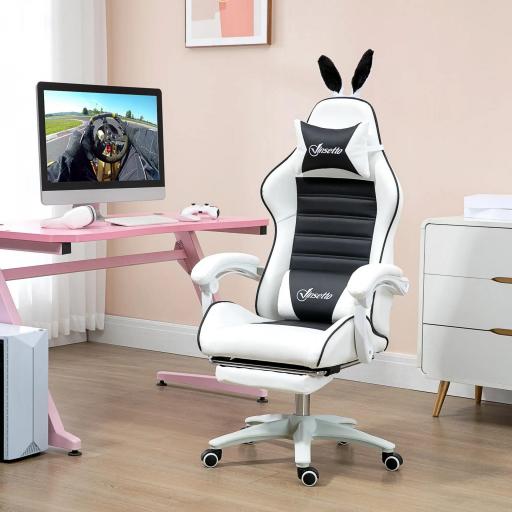 Silla Gaming Profesional de Cuero PU con Altura Ajustable Inclinable 135° Reposacabezas 65x63x136-142 cm Negro y Blanco