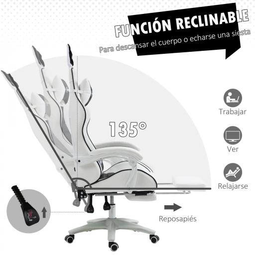 Silla Gaming Profesional de Cuero PU con Altura Ajustable Inclinable 135° Reposacabezas 65x63x136-142 cm Negro y Blanco [5]