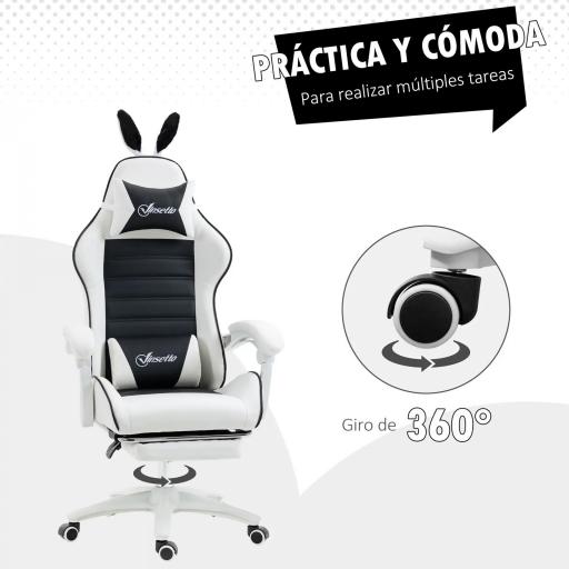 Silla Gaming Profesional de Cuero PU con Altura Ajustable Inclinable 135° Reposacabezas 65x63x136-142 cm Negro y Blanco [6]
