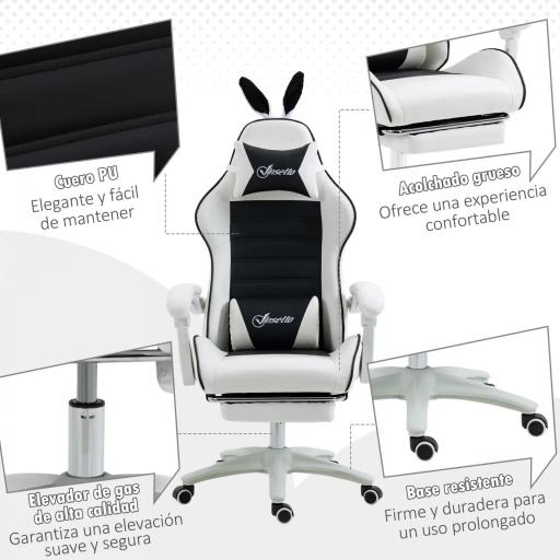 Silla Gaming Profesional de Cuero PU con Altura Ajustable Inclinable 135° Reposacabezas 65x63x136-142 cm Negro y Blanco [2]