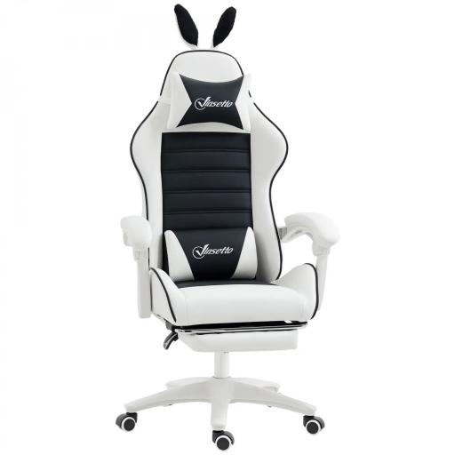 Silla Gaming Profesional de Cuero PU con Altura Ajustable Inclinable 135° Reposacabezas 65x63x136-142 cm Negro y Blanco [8]