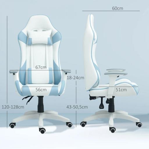 Silla Gamer con Cojín Lumbar Reposabrazos Ajustable Reposacabezas Extraíble y Altura Ajustable 67x60x120-128 cm Azul [3]