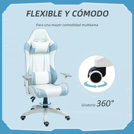 Silla Gamer con Cojín Lumbar Reposabrazos Ajustable Reposacabezas Extraíble y Altura Ajustable 67x60x120-128 cm Azul [4]