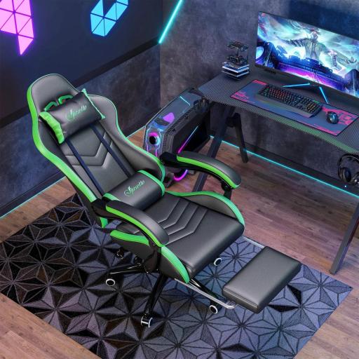 Silla Gaming de Cuero Sintético Reclinable 135° Reposacabezas y Reposapiés 65x65x121-129cm Negro y Verde