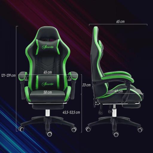 Silla Gaming de Cuero Sintético Reclinable 135° Reposacabezas y Reposapiés 65x65x121-129cm Negro y Verde [1]