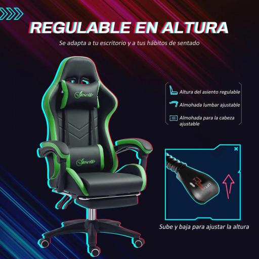 Silla Gaming de Cuero Sintético Reclinable 135° Reposacabezas y Reposapiés 65x65x121-129cm Negro y Verde [5]