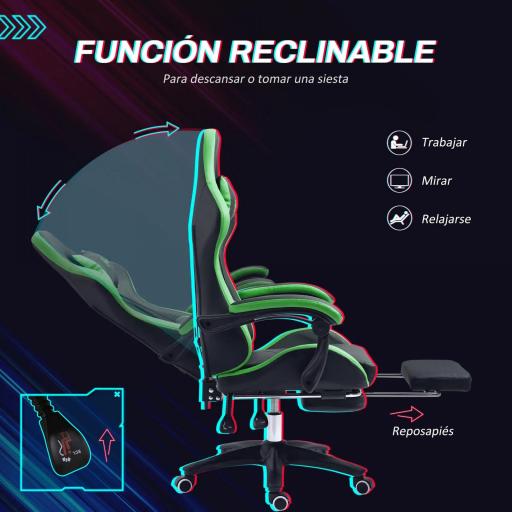 Silla Gaming de Cuero Sintético Reclinable 135° Reposacabezas y Reposapiés 65x65x121-129cm Negro y Verde [2]