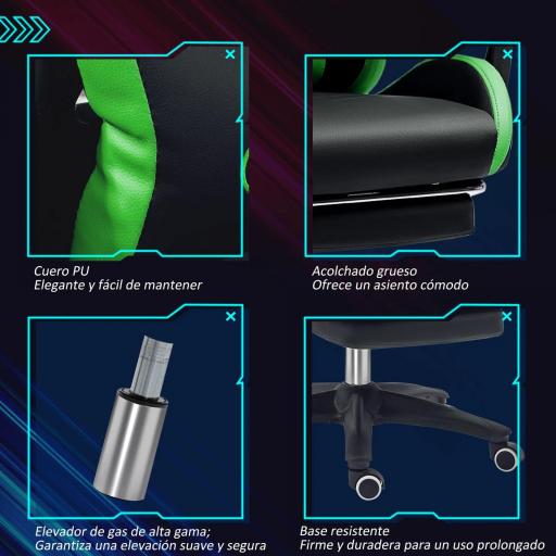 Silla Gaming de Cuero Sintético Reclinable 135° Reposacabezas y Reposapiés 65x65x121-129cm Negro y Verde [4]